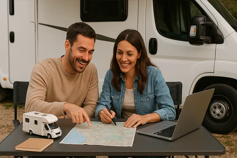 Couple heureux profitant du confort de sa nouvelle caravane
