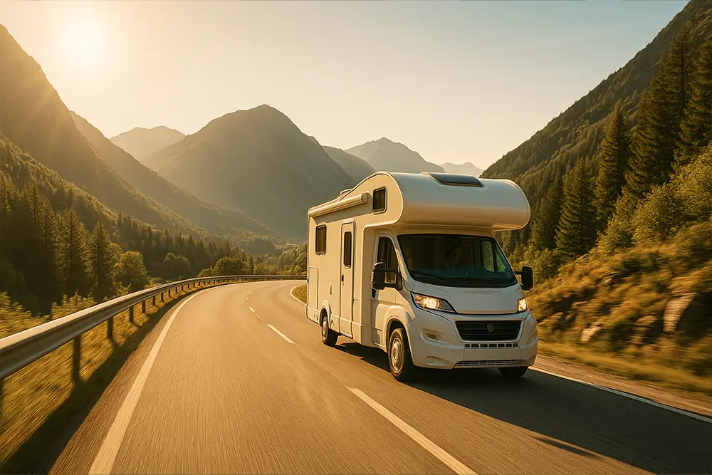Caravane installée au bord d'un lac, symbole de liberté
