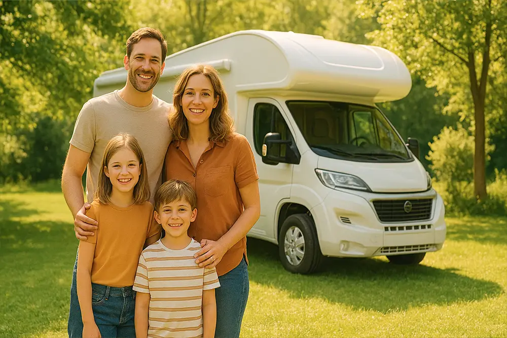 Famille souriante installant l'auvent de leur nouvelle caravane