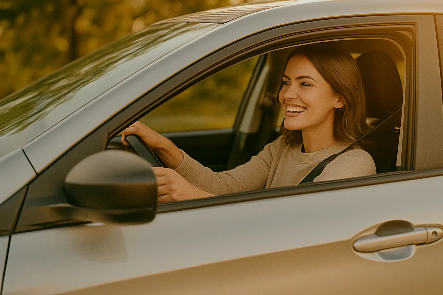 Client satisfait au volant de sa nouvelle voiture