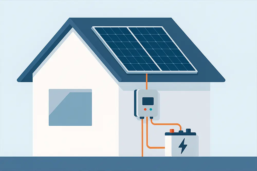 Détails d'une installation de panneaux solaires avec onduleur et batterie