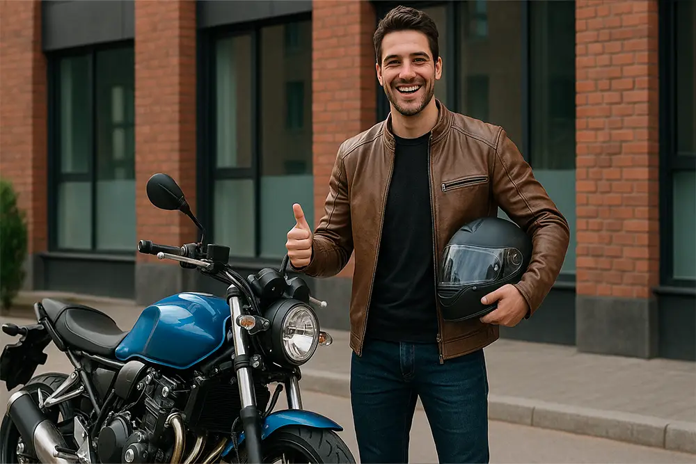 Motard heureux à côté de sa nouvelle moto