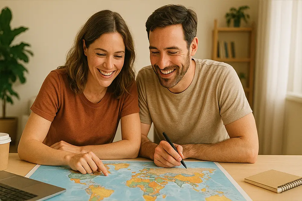 Couple heureux planifiant ses vacances sur une carte du monde