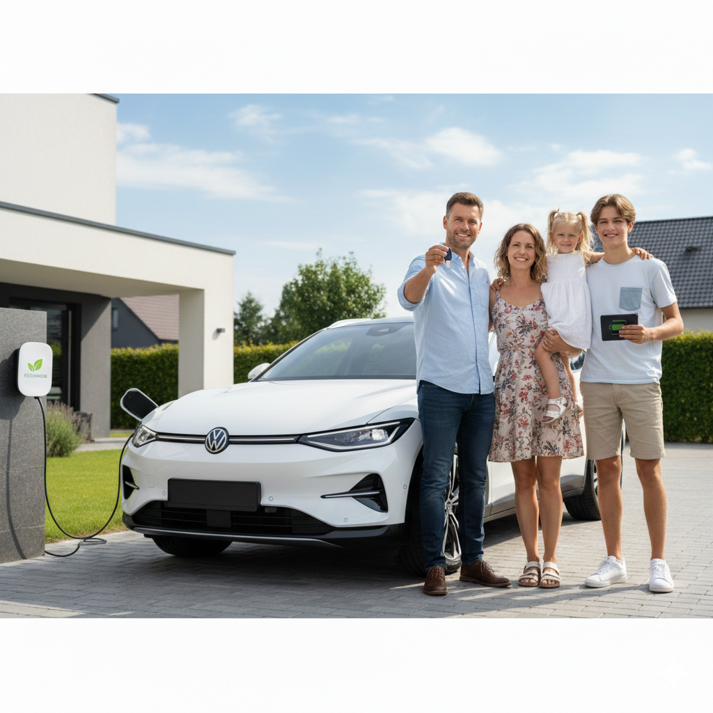 Famille souriante devant leur nouvelle voiture hybride